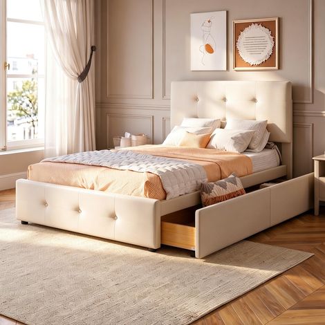 Cama individual de 90 x 200 cm – con cajones de almacenamiento – cabecero ajustable – somier de láminas – tapicería de terciopelo beige (1/5)