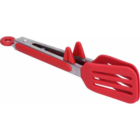 Spatule alimentaire en acier inoxydable et silicone avec pince, outil de cuisson pour barbecue et grillades à la maison, support rouge de 23 cm.