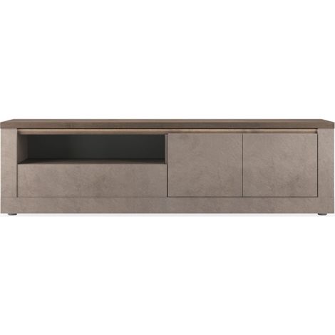 Mobile TV SASHA – 2 porte, 1 cassetto e 1 vano con LED – Bronzo e piano in legno Mercurio