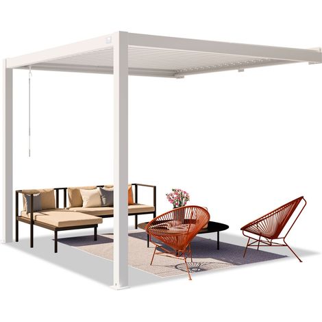 PRIMEYARD Pérgola adosada 3x3 m postes de aluminio con techo de lamas de acero pérgola de pared blanca (1/3)