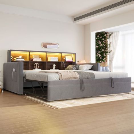 lit gigogne 90x190, gain d'espace canapé gigogne, rangement tête de lit, couchage d'appoint extensible, velours doux (1/5)