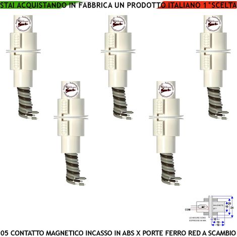 Sensori Magnetici Rinforzati a Cilindro In ABS da Incasso 5 Contatti Reed a Scambio Rilevano Posizione Porta in Ferro Antifurto Campo Lavoro 15 mm 3 Fili C.NC.NA Max 30V 10W Fissaggio a Scomparsa IP67
