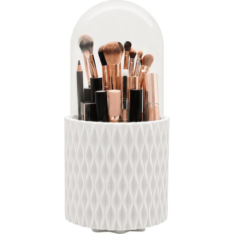 scicent Rangement Maquillage Organisateur 360° avec Couvercle, Organisateur Maquillage Anti-Poussière, Porte-Pinceaux Maquillage Rotatif, Rangement Coiffeuse pour Pinceaux, Blanc (1/5)