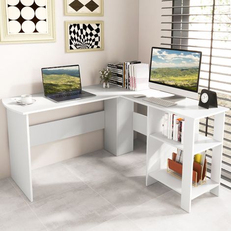 Bureau d'Angle en Forme de L - L 130 x P 130 x H 74 CM - Étagères Rangement à 2 Niveaux Contemporain Blanc (1/2)