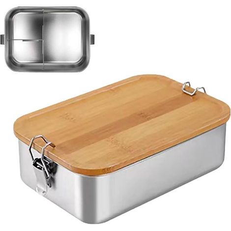 Bento-Lunchbox aus Edelstahl mit Holzdeckel – 2 oder 3 Fächer – BPA-frei – Für Erwachsene und Kinder – Frühstücksbox für Schule/Reisen (1/5)