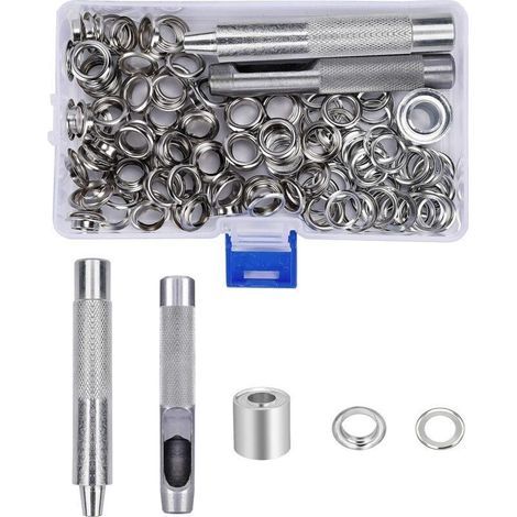 Ensembles Oeillets 10mm Grommets kit Oeillets Métalliques avec Boîte de Rangement pour Toile Bâche Tente Rideaux de Réparation 123 Pcs..