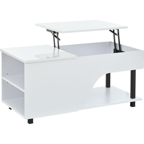 Table basse de salon relevable 50 x 100 x 46 cm, table d’appoint avec rangement caché, table à café ajourée, table basse LED laquée brillante, table à thé avec rangement latéral, blanc (1/5)
