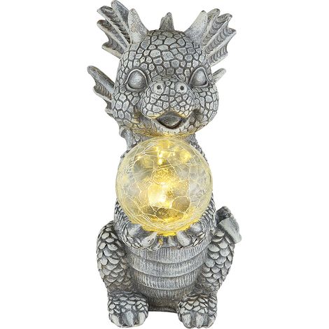 Luce solare drago decorazione giardino animale figura grigio lampada solare globo drago vetro rotto, LED bianco caldo, LxLxH 19x13,5x27,5 cm