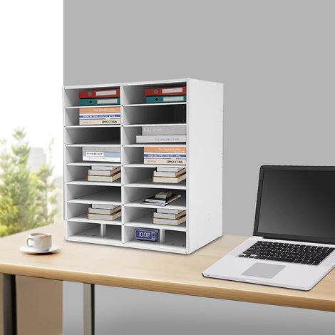 16 Fäch Briefablage Schreibtisch Organizer, 8 Etagen Dokumentenablage mit Einstellbaren Regalen, Literatur-Organizer bis zu 50kg, Aktensortierer Aufbewahrung Büro Klassenzimmer (Weiß) (1/5)