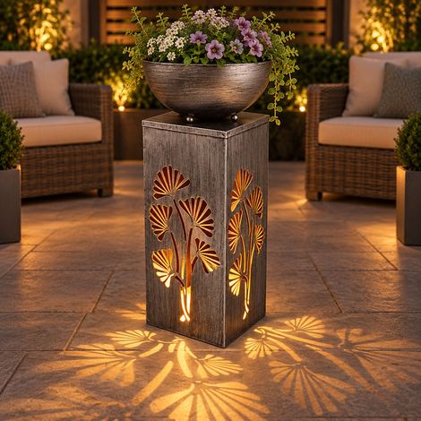 Lampada solare argento colonna antica ciotola per piante, decorazione illuminazione floreale lampada esterno, metallo, 1x LED 3000K, LxLxA 25x25x59 cm (1/5)