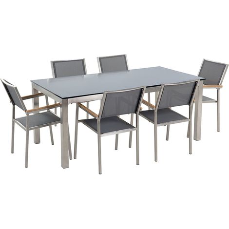 Garden Dining Set 6 Seater GROSSETO Tempered Glass Grey/ Black (1/5)
