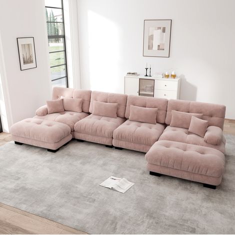 Divano angolare modulare 4 posti in ciniglia rosa con pouf mobili DESVIAE (1/5)