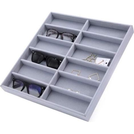 Plateau De Rangement - 12 Compartiments - Bois Et Velours - Pour Lunettes Bijoux Montres - 38 X 36 X 3 7 Cm - 1 Pièce (1/5)