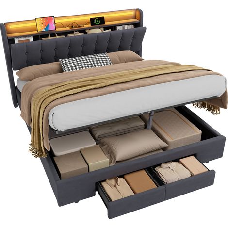 Letto 180x200 cm Imbottito con LED, 2 Grandi Cassetti, Porte USB, Meccanismo Idraulico, Velluto Durevole - Design Moderno e Funzionale (1/5)
