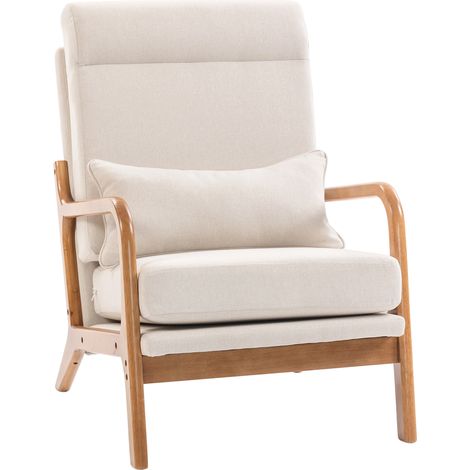Fauteuil d'appoint en tissu crème avec grand siège, dossier haut et coussin lombaire, structure bois stable, pour salon, chambre, CHICFURN (1/5)
