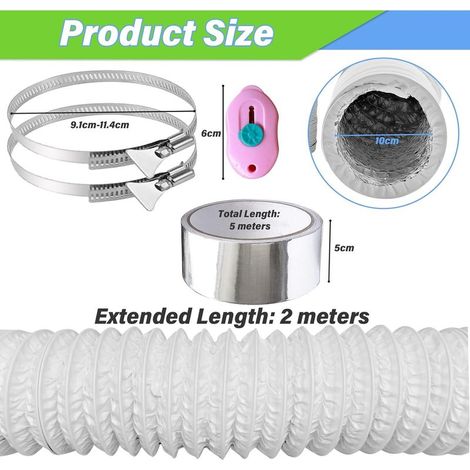 2 m flexibler Abluftschlauch, 100 mm PVC-Abluftrohr, Aluminium-Lüftungsrohr, Lüftungskanal für Klimaanlage und Wäschetrockner (1/5)