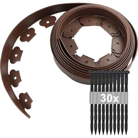 Bordure de Jardin Flexible 10 m × 5 cm, Bordure avec 30 Piquets d'Ancrage, Bordure Plastique Extérieure, Bordure de Pelouse Flexible, Idée Jardin (Marron) (1/5)