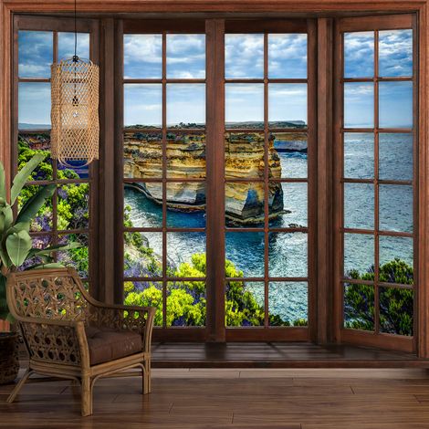 Papier peint panoramique Trompe l'oeil Fenêtre en bois - Falaises - 195 cm x 156 cm (1/5)