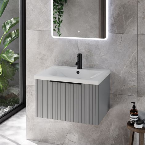 Helix 460 Fluted Pebble Grey 600mm Wall Mounted 1 Drawer Vanity Unit with Glide Basin