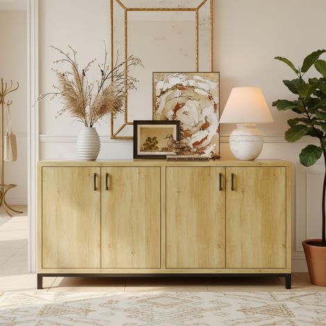 Buffet 160 cm avec 4 portes, Meuble de Rangement – placage bois, cadre noir, style campagnard – Naturel (1/5)