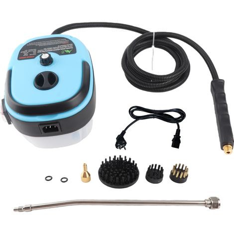 Nettoyeur Vapeur Portable 1500W 105°C 3 Bar - 6 Vitesses, Réservoir 1h Autonomie, 3 Brosses Interchangeables, Canne Rallonge - Pour Cuisine, Salle Bain, Meubles, Voiture - ABS - Bleu - 1266 g