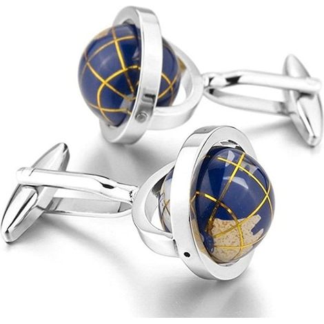 Boutons de manchette Really Spins en forme de globe terrestre bleu plaqué rhodium pour homme, avec coffret cadeau (1/5)