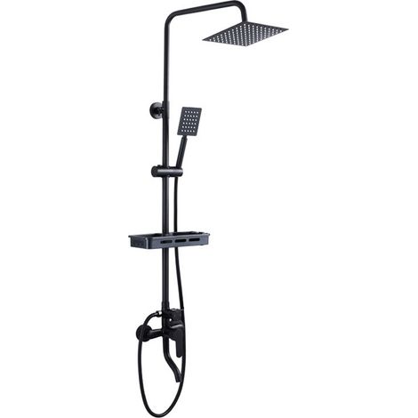 1 Système de douche, acier inoxydable, pommeau carré 20x20cm, barre ronde 92cm, noir, salle de bain (1/5)