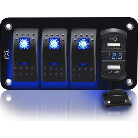 Panneau en aluminium avec interrupteur à bascule triple, voltmètre, double port USB (4,8 A) à charge rapide, rétroéclairage LED bleu, pré-câblé et étanche IP65 pour applications marines, bateaux, voit (1/5)