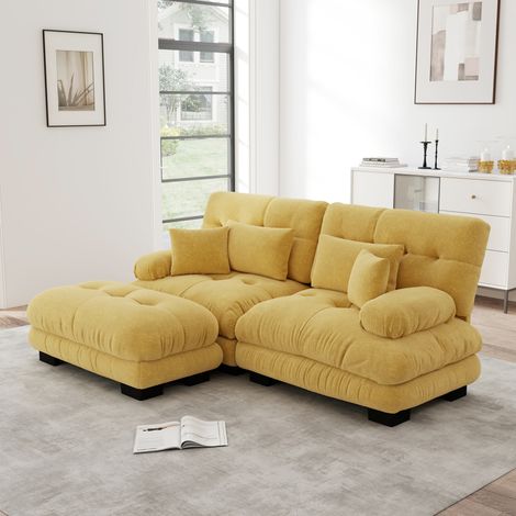 Sofá rinconera 220/145/81 cm en chenilla amarilla, estilo cloud con otomanas móviles y cojines (1/5)