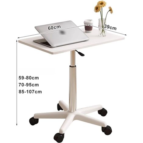 Table de lit blanche mobile avec roulettes, hauteur réglable de 72,5 à 95 cm. Cette table pratique sert de support ordinateur, bureau d'appoint ou meuble fonctionnel pour salon et chambre. (1/5)