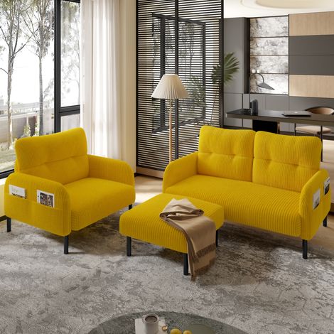 Ensemble canapé 120/75/79 cm jaune en velours côtelé avec fauteuil et pouf, doux et modulable (1/5)