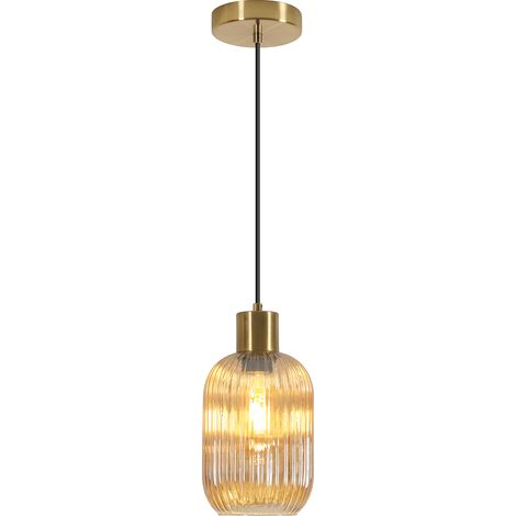 Suspension en verre ambré et cuivre 150cm (ø14cm) - Luminaire décoratif mural ou plafonnier pour salon, douille E27 (ampoule non fournie)