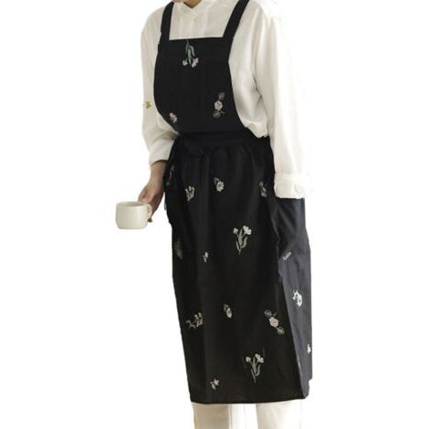 Pair Tablier imperméable en coton et lin – Noir – Brodé – Style japonais, pour pâtisserie et café (1/5)