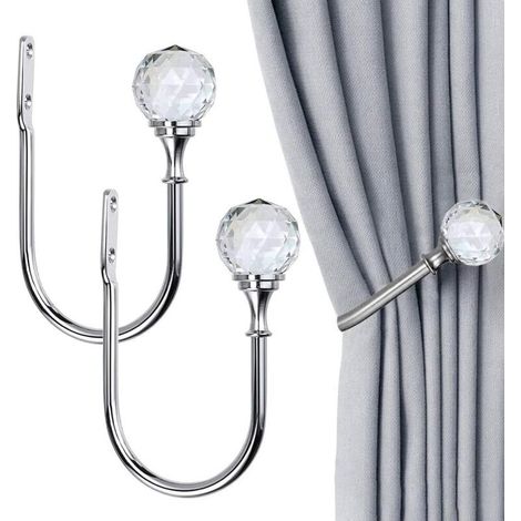 2 U-shaped curtain pieces with clear crystal balls for wall decoration, silver (1/5)