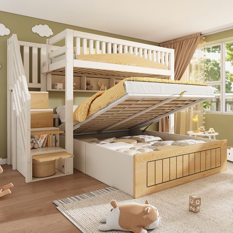 Lit superposé enfant en bois 90/140x200cm - rangement hydraulique, escalier, USB-C, garde-corps - MDF+panneaux - blanc/naturel (1/5)