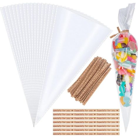 Sachet Bonbon, 100 Pcs Sacs Cellophane Cône Bonbons Sacs à Cône Transparent Sacs-cadeaux pour Anniversaire Fête Chocolate Candy Biscuits Savon Serre-câbles d'étanchéité, 13 25cm