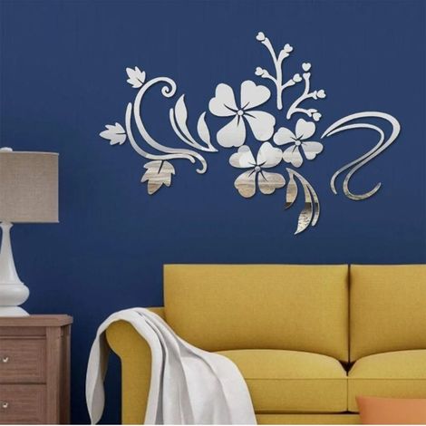 Miroir argenté exclusif pour l'exportation - Sticker mural 3D en acrylique motif hibiscus, petit format M231, idéal pour le salon, la chambre, l'entrée, la salle à manger ou comme mur derrière un cana (1/5)