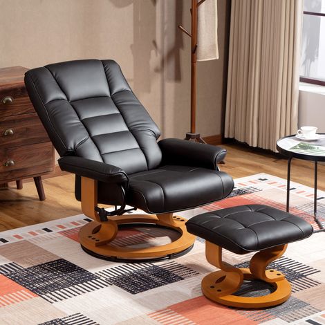 Sillón reclinable de relajación con reposapiés, giratorio, estructura de madera, tapicería sintética negra.