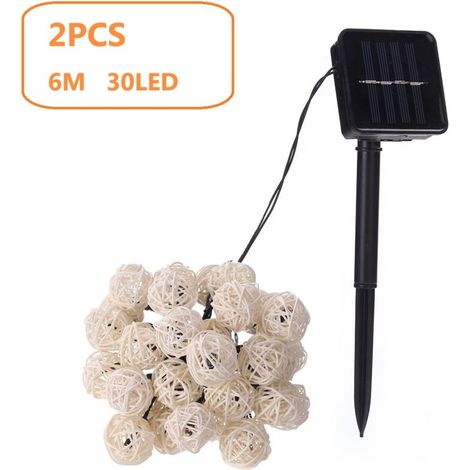 2er-Set 6 m natürliche Solargirlande 30 Kugeln IP44 - MUMU goldene Rattan-Lichterkette (1/4)