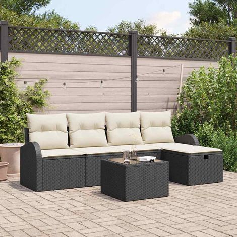 Conjunto de sofá de jardín con cojín 6 pcs Negro Poliratán (1/5)