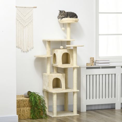 Arbre à chat, poteau à grimper, 171 cm de haut, avec 2 compartiments, 6 plateformes et 2 pompons suspendus, beige (1/5)