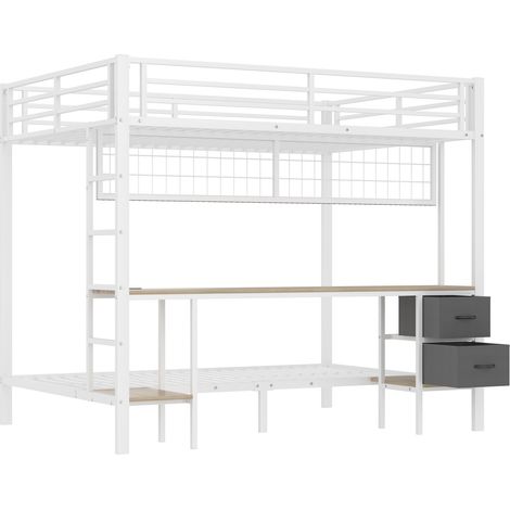 Cama alta 140 x 200 cm de metal blanco con escritorio, almacenaje y LED USB HOMVRA (1/5)