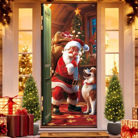 Stickers de porte de Noël, décorations de porte Père Noël, décorations de fête du Nouvel An, décorations de fêtes, bannières/décorations de porte - 90 x 180 cm (avec trous et ruban) - 8