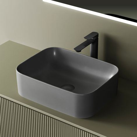 EMKE Aufsatzwaschbecken 50.5 x 38 x 15 cm Badezimmer Rechteckiger Keramikwaschtisch Matt Dunkelgrau (1/5)