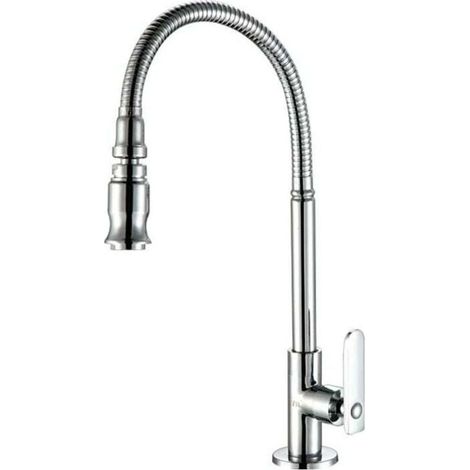 Robinet de cuisine et de jardin en acier inoxydable avec bec pivotant à 360 degrés et douchette extractible, XU, Pour évier, Buanderie, Eau froide uniquement, Finition chromée(Sans tuyau) - (1/4)