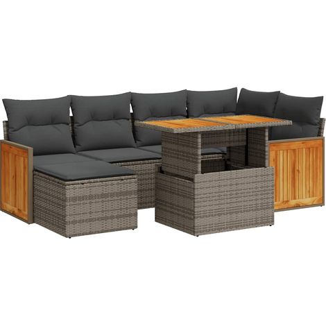 Salon de jardin avec coussins 7 pcs Mobilier de jardin gris résine tressée acacia (1/5)