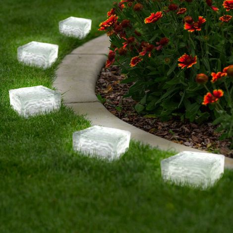 Lot de 8 pavés solaires en verre – 4 LED blanches – Autonomie 8h – 10x10x5 cm – Panneau polysilicone 2V – Idéal pour délimitation, bande cyclable ou seuil (1/5)