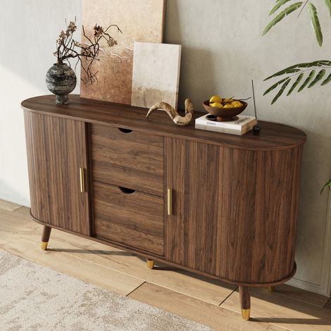 Buffet bas arrondi 140x40 cm avec 2 portes coulissantes rainurées, 2 tiroirs, niches et étagères réglables, MDF et pieds en bois massif, Effet noyer (1/5)