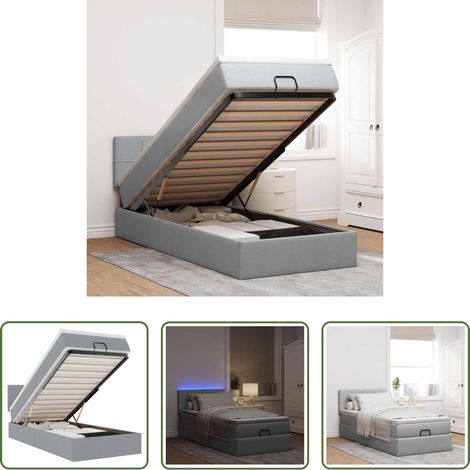 LED-Beleuchtung - Ottoman-Bett mit Matratze & LEDs Hellgrau 100x200 cm Stoff (1/5)