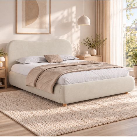 Cama tapizada 180/200 cm de terciopelo crema con arcón hidráulico y somier de láminas (1/5)